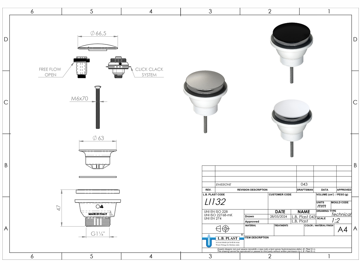 Washbasin stopper click-clack L.B.Plast matte white