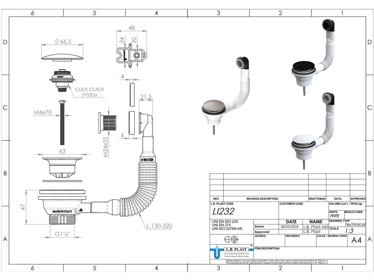 Washbasin stopper click-clack L.B.Plast matte white with overflow